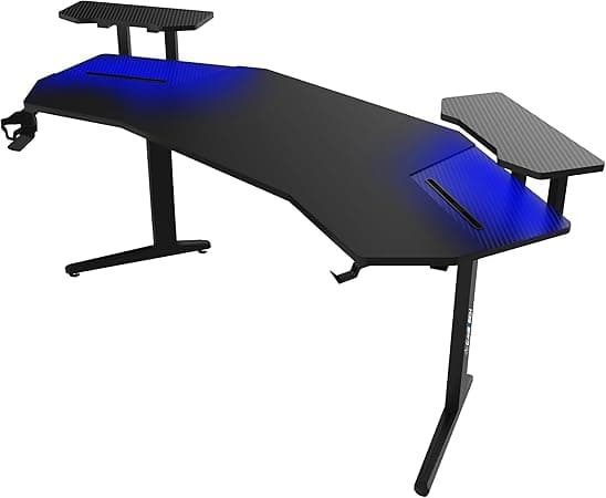 GameTech Curved Gaming Desk, Carbon Fiber Surface, LED Blue Lighting, Black/Blue, with Side Panels and Cable Management