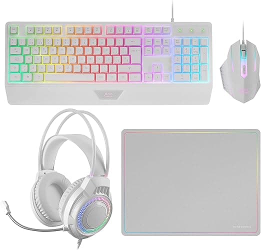 Mars Gaming MCP124PRO, 4in1 Gaming Combo, H-Mech RGB Keyboard with Wrist Rest, RGB Mouse 3200DPI and HUANO Switches, FRGB Headphones, Nanotextile Mat 36x26cm, Multiplatform, Portuguese, White