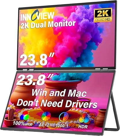 InnoView 2025 23.8" 2K Dual Portable Monitor QHD 2560 x 1440P 100% sRGB - Foldable & Stackable Design with 315° Screen Adjustment & 180° Stand | USB-C/HDMI, Dual Monitor for Laptop, Mac, Windows
